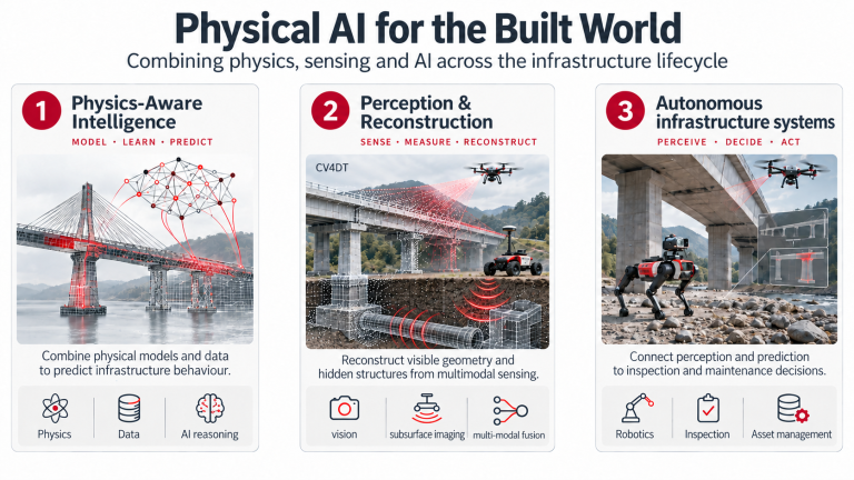Infographic of the three research themes: physics-aware intelligence, perception and reconstruction, and autonomous infrastructure systems